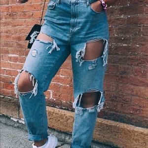 BDG High Rise Mom Jeans, Destroyed, Light Wash